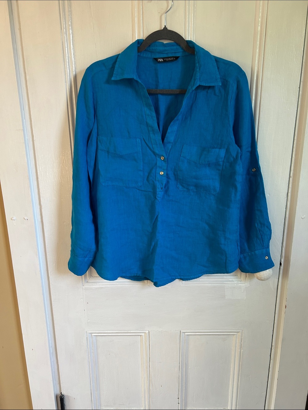 Zara Bright Teal Long-Sleeve Linen Pullover